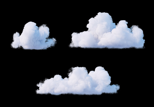 3d render, collection of abstract realistic clouds isolated on black background, weather clip art, sky design elements set