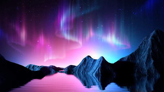 istock 3d render, abstract panoramic background. Seascape with cliffs under the pink blue night gradient sky with northern lights, fantasy scenery wallpaper with Aurora Borealis 1439973585