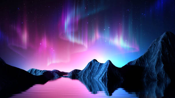 3d render, abstract panoramic background. Seascape with cliffs under the pink blue night gradient sky with northern lights, fantasy scenery wallpaper with Aurora Borealis stock photo