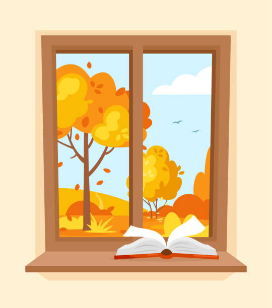 Autumn window Autumn window. Vector illustration of wood window with a view of garden and a book on the windowsill. Autumn landscape with tree, bush, field, leaves. Fall nature. Hygge concept. Cozy autumn days zills stock illustrations