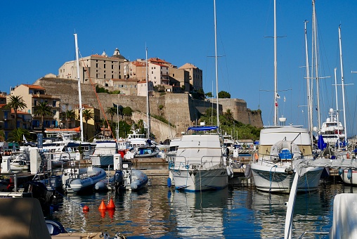 Panoramic view of citadel and yacht harbor in Calvi. Corsica, France.