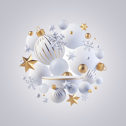 3d render, minimalist white and gold Christmas ornaments, glass balls isolated on white background. Festive wallpaper