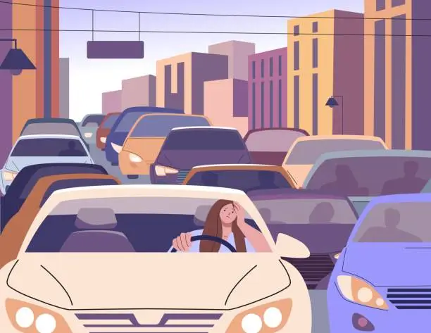 Vector illustration of Morning city traffic jam and sleepy female driver. Woman driving car slow moving in urban auto flow. Tired kicky girl and modern town problems vector concept