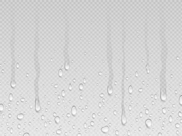 ilustraciones, imágenes clip art, dibujos animados e iconos de stock de las gotas de goteo realistas fluyen hacia abajo del fondo. lluvia que cae, textura transparente al agua. goteo de vapor y condensado, gota sobre vidrio diseño vectorial conciso - condensate