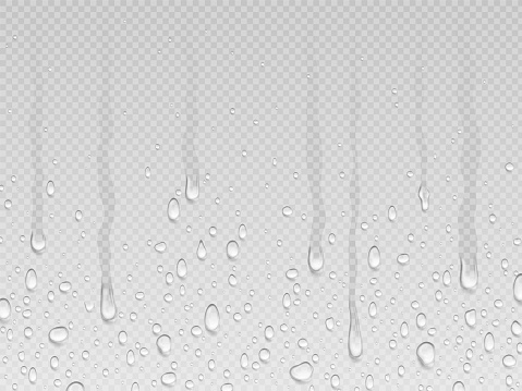 Realistic dripping drops flow down background. Rain dropping, water transparent texture. Drip steam and condensate, droplet on glass pithy vector design of droplet dew rain illustration