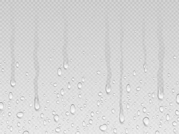 Vector illustration of Realistic dripping drops flow down background. Rain dropping, water transparent texture. Drip steam and condensate, droplet on glass pithy vector design