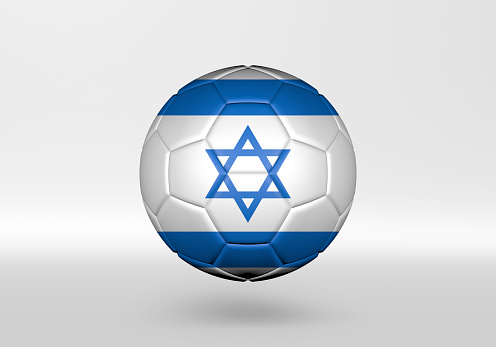 3D soccer ball with the flag of Israel on grey background