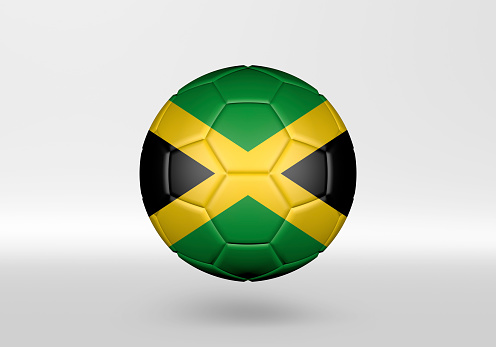 3D soccer ball with the flag of Jamaica on grey background