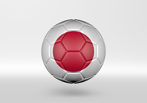 3D soccer ball with the flag of Japan on grey background