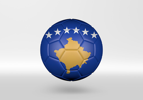 3D soccer ball with the flag of Kosovo on grey background