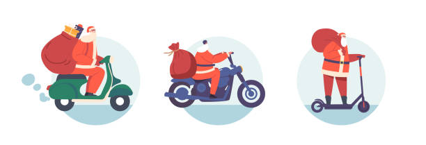 санта доставляет подарки на разном транспорте. персонаж ноэль за рулем электрического скутера, мопеда и велосипеда принося подарок - mode of transportation stock illustrations