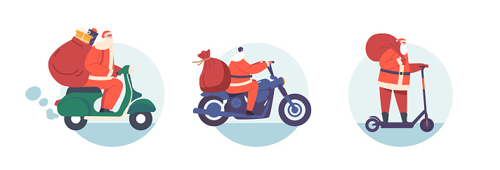 Santa Deliver Gifts on Different Transport. Noel Character Driving by Electric Scooter, Moped and Bike Bringing Present to Children for Christmas Isolated Icons or Avatars. Cartoon Vector Illustration