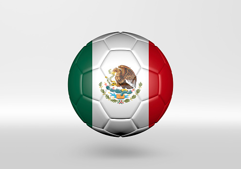 3D soccer ball with the flag of Mexico on grey background