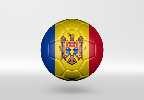 3D soccer ball with the flag of Moldova on grey background