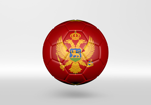 3D soccer ball with the flag of Montenegro on grey background