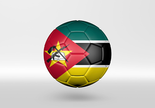 3D soccer ball with the flag of Mozambique on grey background