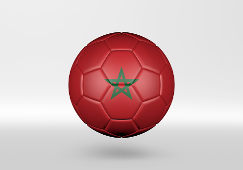 3D soccer ball with the flag of Morocco on grey background
