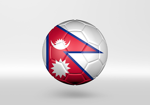 3D soccer ball with the flag of Nepal on grey background