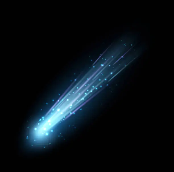 Vector illustration of Shooting star. Realistic blue falling light. Space comet