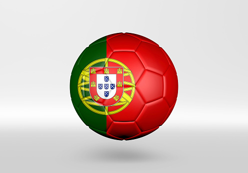 3D soccer ball with the flag of Portugal on grey background