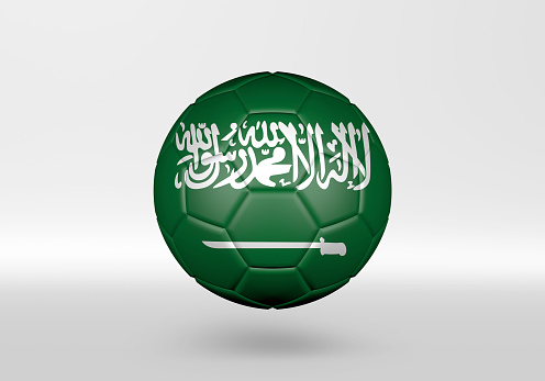 3D soccer ball with the flag of Saudi Arabia on grey background