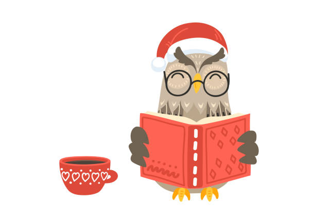 istock Christmas story. Owl in Santa hat read book. 1439983897