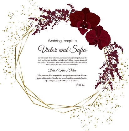 Vector floral frame for wedding invitations. Dark maroon orchids, burgundy colored schwab, gold frame, sequins. All elements are isolated