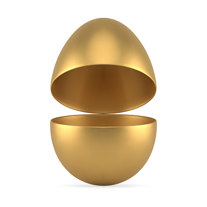 Easter egg box golden metallic open container for surprise storage holiday congratulations 3d icon realistic vector illustration. Festive container pack premium eggshell for religious day celebration