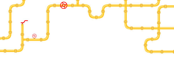 istock Horizontal industrial background with pipeline. Yellow water pipes on white background. 1439984988