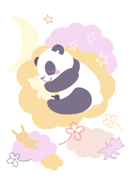 illustrations, cliparts, dessins animés et icônes de un mignon panda dort avec son ours en peluche préféré sur un nuage - teddy panda bear