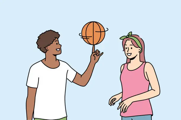 Vector illustration of Happy multiethnic couple play basketball