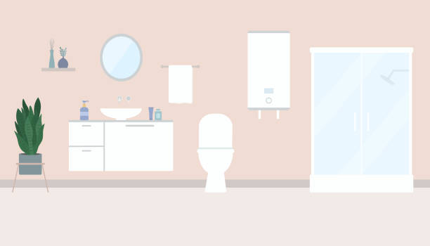 stockillustraties, clipart, cartoons en iconen met bathroom interior with water heater, shower cabin, toilet and mirror - hotel shampoo