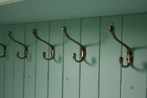 Interior home decor image of stainless steel coat hooks hung on a channeled clapboard wall painted a soft green colour.