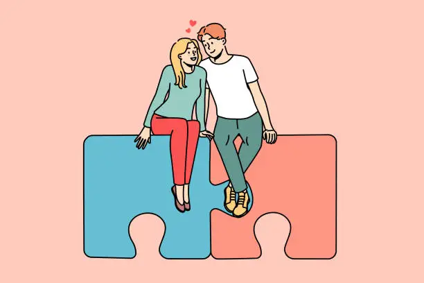 Vector illustration of Happy couple sitting on connected puzzles