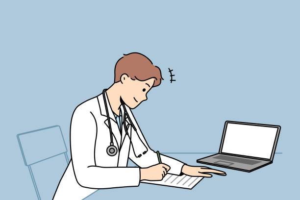 Male doctor at desk in clinic write prescription Male doctor sit at desk in hospital work on laptop write prescription to patient. Modern man GP in clinic handwrite in medical journal. Medicine. Vector illustration. cartoon of medical records stock illustrations