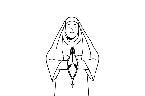 Nun praying with rosary Calm nun in traditional clothes praying. Church sister with rosary talk to God. Religion and faith concept. Vector illustration. nun praying cross human hand stock illustrations