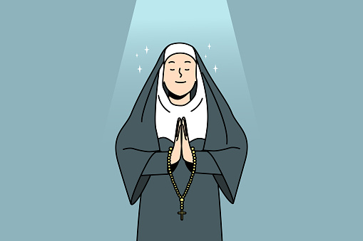 Calm nun in traditional clothes praying. Church sister with rosary talk to God. Religion and faith concept. Vector illustration.