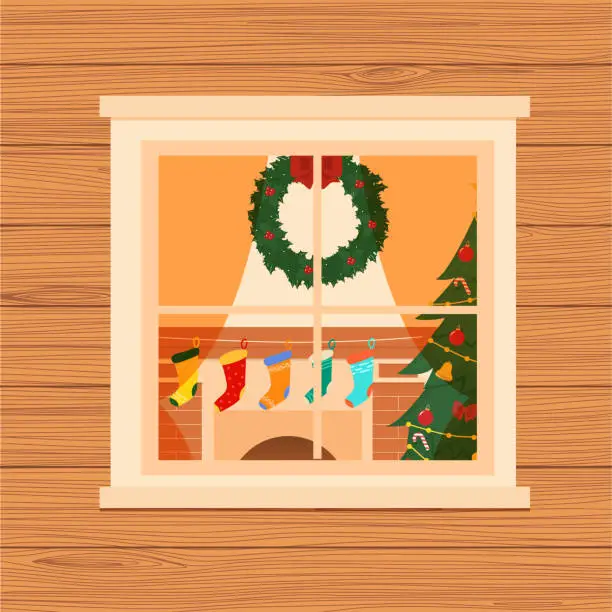 Vector illustration of Christmas living room through window in wooden home. Living room with fireplace, socks, spruce. Vector illustration.