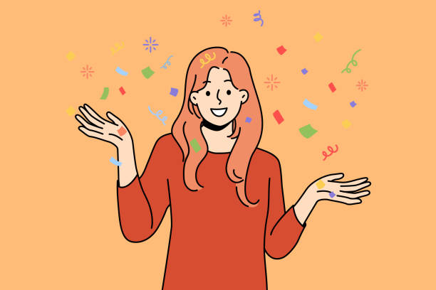 Smiling woman with confetti enjoy celebration Smiling young woman with confetti have fun celebrating. Happy girl enjoy party or celebration. Vector illustration. carefree stock illustrations