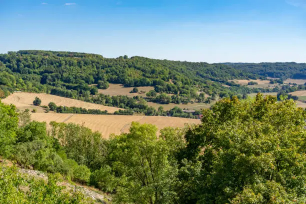 High angle panoramic scenery seen from Langenburg, a town in Southern Germany at late summer time