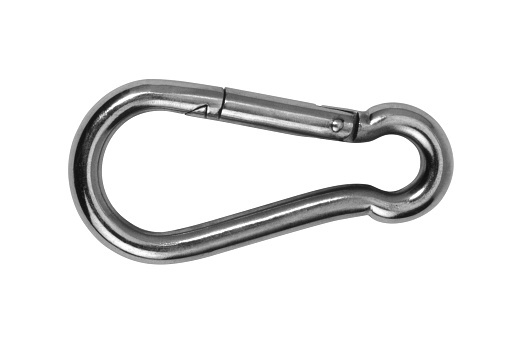 Metallic carabiner hook isolated in white back