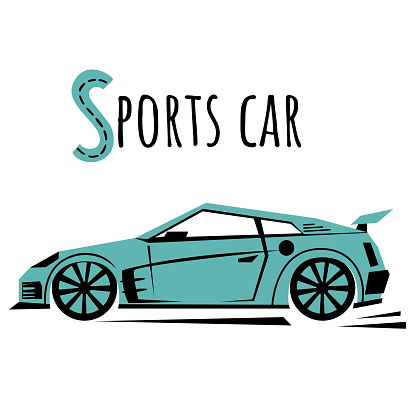 Letter S and Sports car. Children ABC poster with transport. Sports car for kids learning English vocabulary