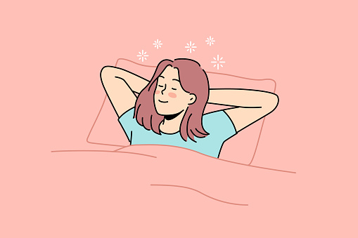 Happy young woman lying in bed sleeping. Smiling girl relax in bedroom dreaming or napping. Relaxation and comfort. Vector illustration.