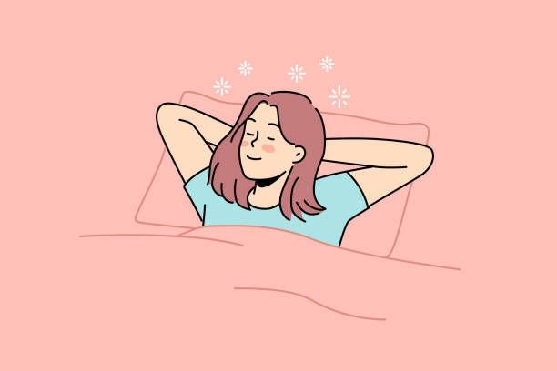 Happy woman lying in bed sleeping Happy young woman lying in bed sleeping. Smiling girl relax in bedroom dreaming or napping. Relaxation and comfort. Vector illustration. going to bed cartoon stock illustrations