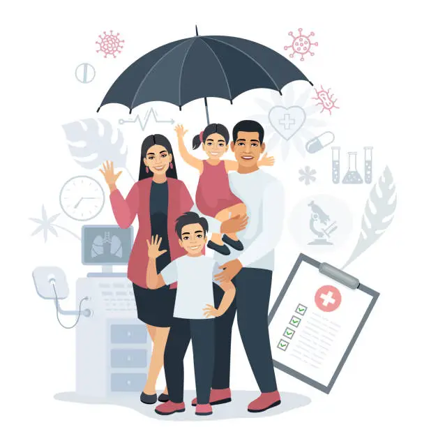 Vector illustration of Family under umbrella. Concept of life insurance. Protection of health and life of children. Healthcare and medical service.