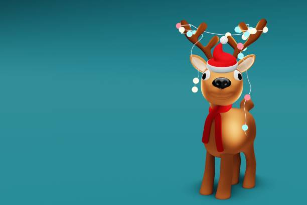 istock Cute Christmas reindeer figurine with colorful lights. 3D render 1439990384