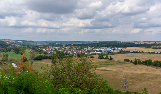 High angle scenery showing Offenau, seen from Bad Wimpfen, a historic spa town in the district of Heilbronn in the Baden-Wuerttemberg region of southern Germany