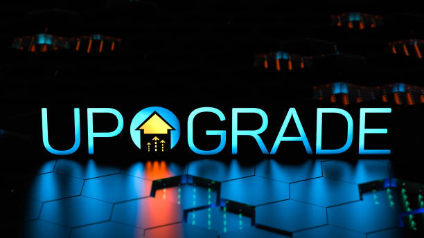 istock UPGRADE digital concept banner. Updating software, smartphone, downloading a new version, cyber technology. 3D render. 1439990643
