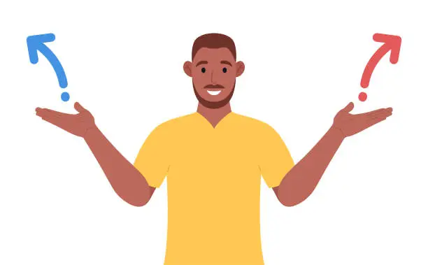 Vector illustration of A bearded african american man spreading outstretched arms trying to choose right or left direction. Vector.