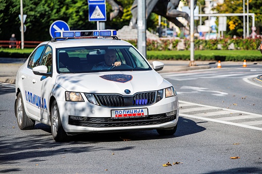 Skopje, Macedonia - 10 02 2022: Macedonian police patrol car on a street in Skopje
